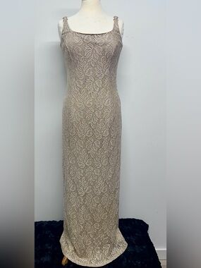 Vintage Bari Jay Gold Metallic Lace Maxi Gown Size 10 90s Formal Dress